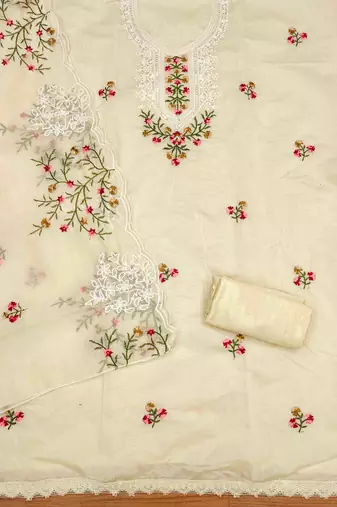 cream chanderi cotton embroidered unstitched dress material