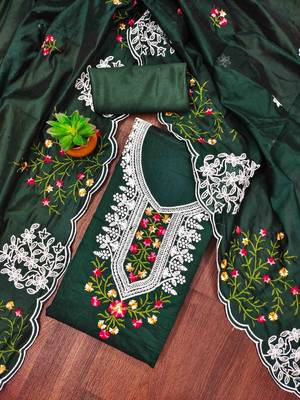 dark green chanderi cotton embroidered unstitched dress material 1