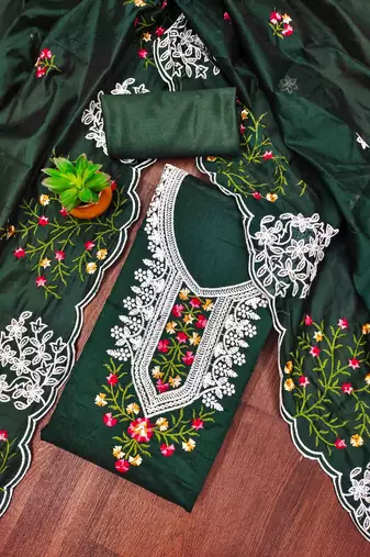 dark green chanderi cotton embroidered unstitched dress material