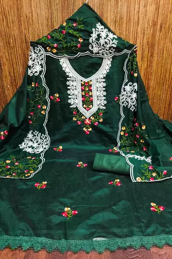 dark green chanderi cotton embroidered unstitched dress material