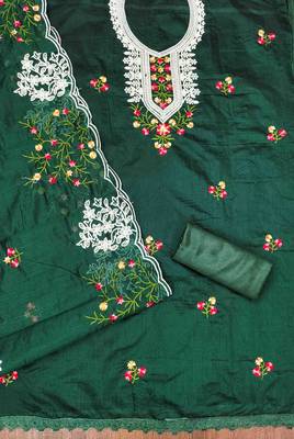 dark green chanderi cotton embroidered unstitched dress material 3