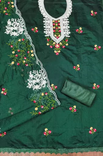 dark green chanderi cotton embroidered unstitched dress material