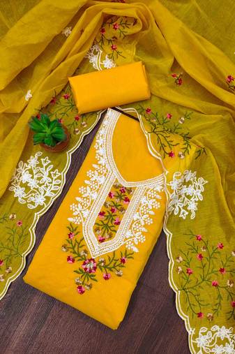 lemon chanderi cotton embroidered unstitched dress material