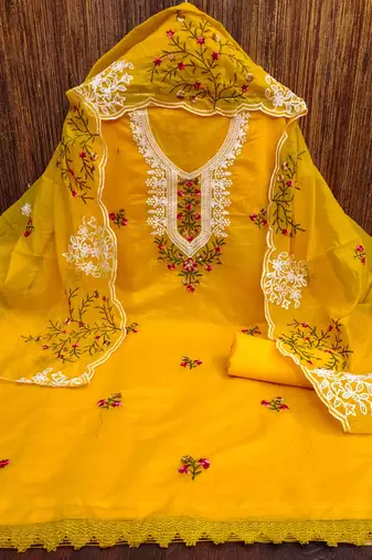 lemon chanderi cotton embroidered unstitched dress material