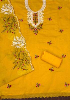 lemon chanderi cotton embroidered unstitched dress material 3