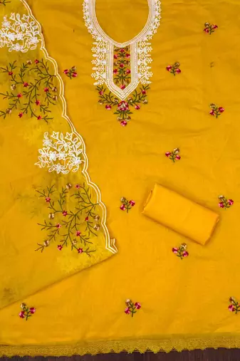 lemon chanderi cotton embroidered unstitched dress material
