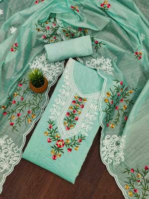 mint chanderi cotton embroidered unstitched dress material 1