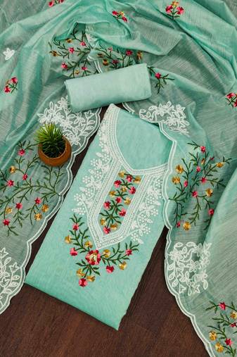 mint chanderi cotton embroidered unstitched dress material