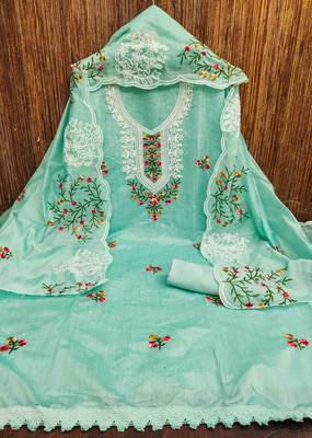 mint chanderi cotton embroidered unstitched dress material 2