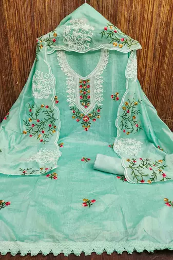mint chanderi cotton embroidered unstitched dress material