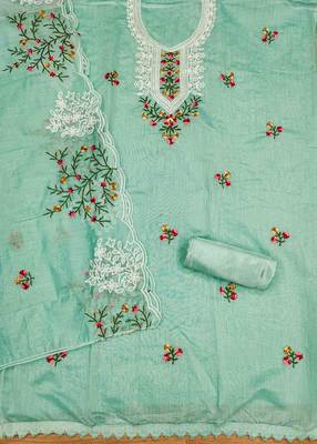 mint chanderi cotton embroidered unstitched dress material 3