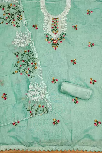 mint chanderi cotton embroidered unstitched dress material