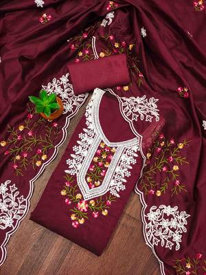 maroon chanderi cotton embroidered unstitched dress material 1