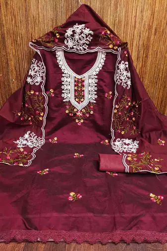 maroon chanderi cotton embroidered unstitched dress material