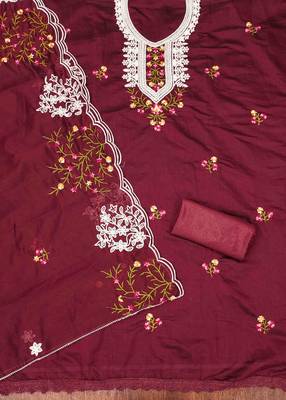 maroon chanderi cotton embroidered unstitched dress material 3