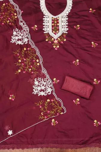 maroon chanderi cotton embroidered unstitched dress material