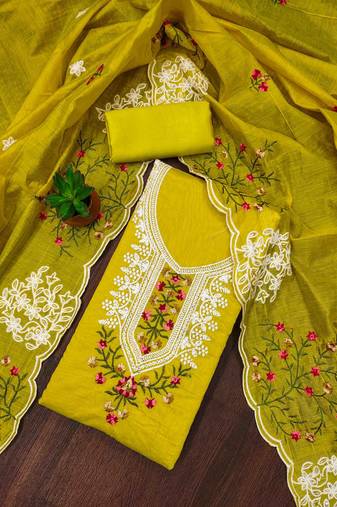 neon chanderi cotton embroidered unstitched dress material