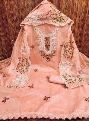peach chanderi cotton embroidered unstitched dress material 2