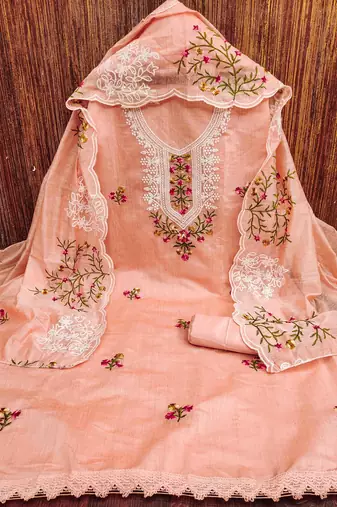 peach chanderi cotton embroidered unstitched dress material