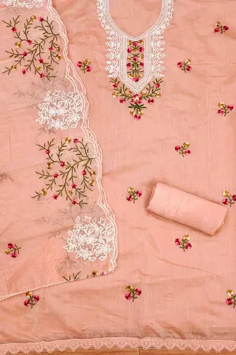peach chanderi cotton embroidered unstitched dress material