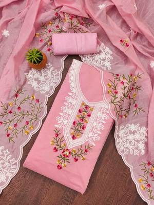 pink chanderi cotton embroidered unstitched dress material 1