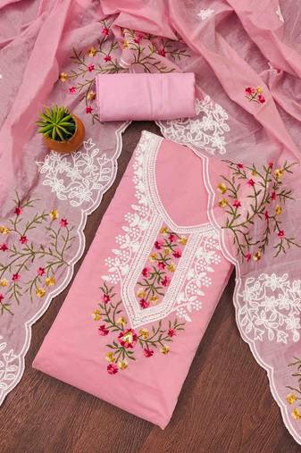pink chanderi cotton embroidered unstitched dress material