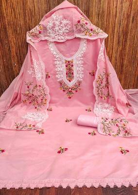 pink chanderi cotton embroidered unstitched dress material 2