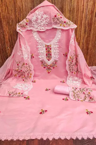 pink chanderi cotton embroidered unstitched dress material