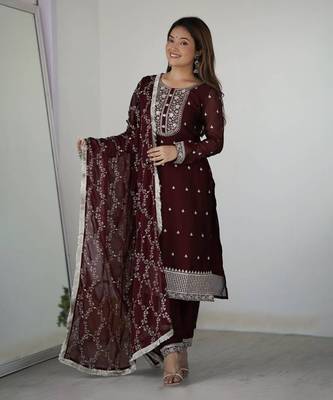 Pure Blooming Rangoli Silk Fabric Straight Fit Embroidery Work Maroon Kurta With Dupatta And Trousers 1