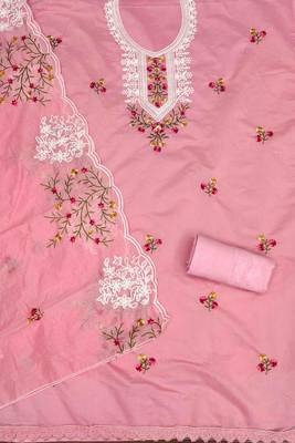pink chanderi cotton embroidered unstitched dress material 3