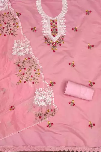 pink chanderi cotton embroidered unstitched dress material
