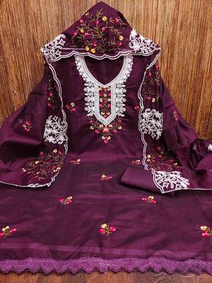 wine chanderi cotton embroidered unstitched dress material 2