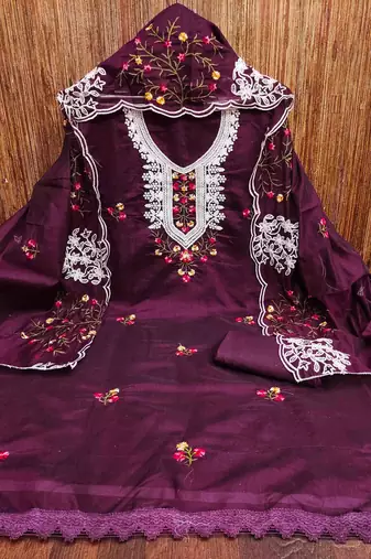 wine chanderi cotton embroidered unstitched dress material