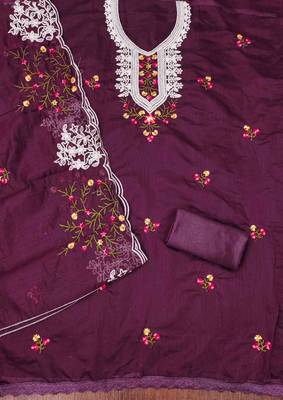 wine chanderi cotton embroidered unstitched dress material 3