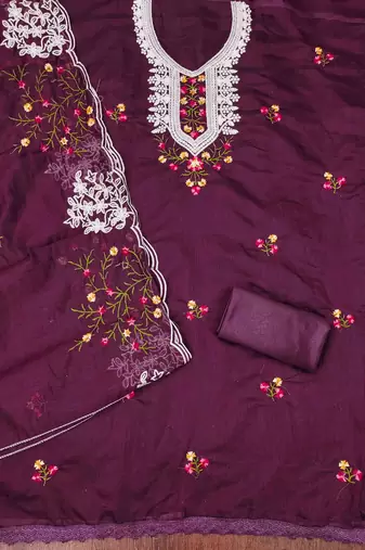 wine chanderi cotton embroidered unstitched dress material