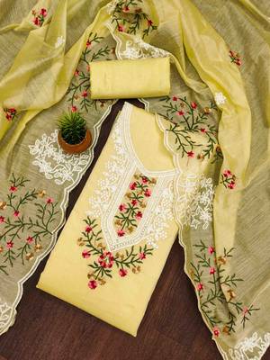 yellow chanderi cotton embroidered unstitched dress material 1