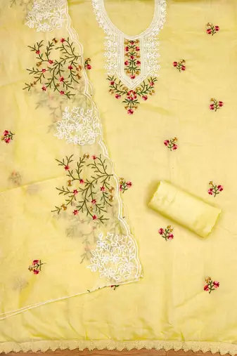 yellow chanderi cotton embroidered unstitched dress material