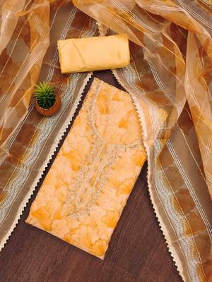 orange organza handwork unstitched dress material 1
