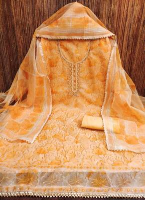 orange organza handwork unstitched dress material 2