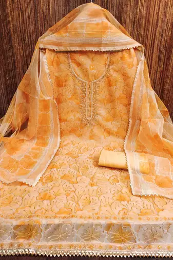 orange organza handwork unstitched dress material