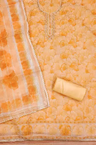 orange organza handwork unstitched dress material