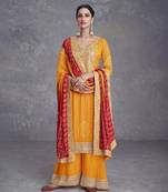 Yellow heavy gota & mirrow wrok bandhani silk suits