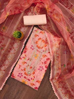peach organza handwork unstitched dress material 1