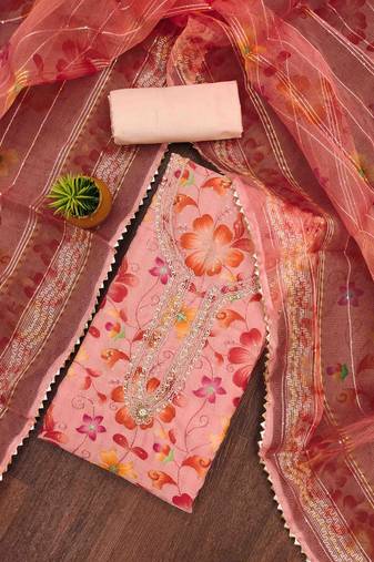 peach organza handwork unstitched dress material