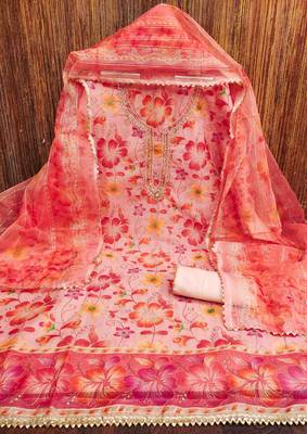 peach organza handwork unstitched dress material 2