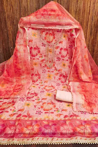 peach organza handwork unstitched dress material