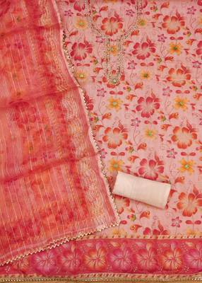 peach organza handwork unstitched dress material 3