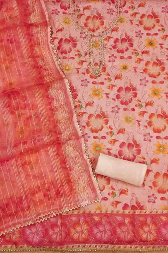 peach organza handwork unstitched dress material