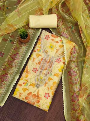 yellow organza handwork unstitched dress material 1
