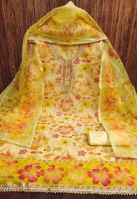 yellow organza handwork unstitched dress material 2